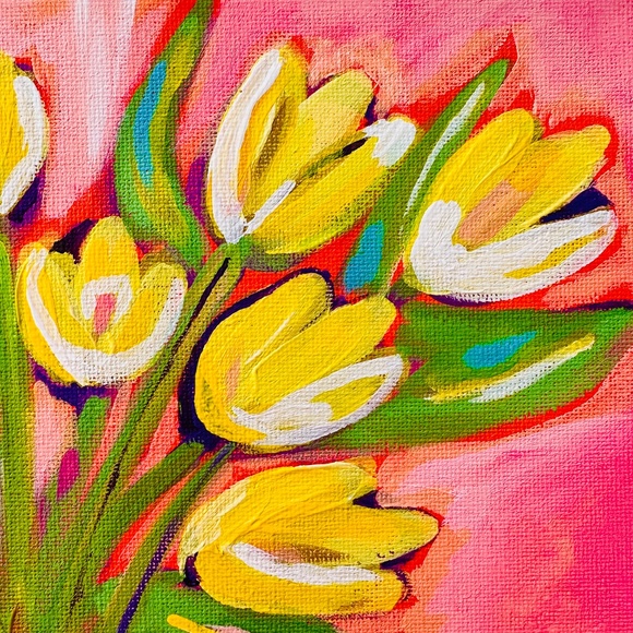 Original Painting Abstract Collectible Yellow Tulips Stems Water 10"x10" Canvas - Picture 7 of 11